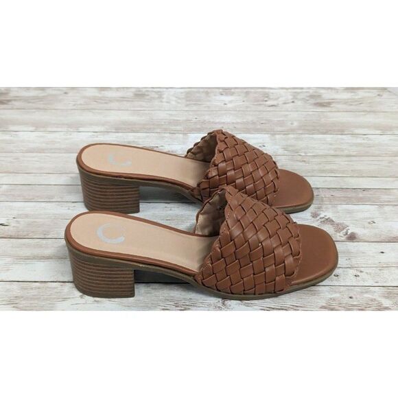 Journee Collection Womens Size 8 Brown Woven Block Heel Open Toe Slide Sandal - Picture 2 of 11